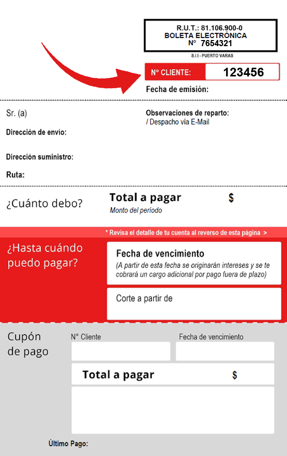 Ubicación del Número de Cliente en la boleta